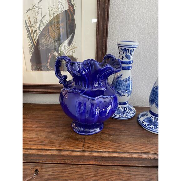 Vintage 1970s Hand Painted Victorian Style Cobalt Blue Ironstone Pitcher - Picture 1 of 6